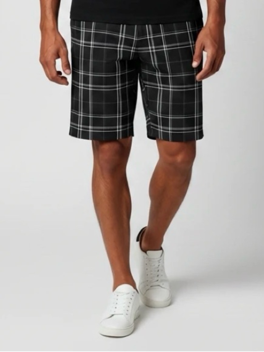 Men's Grand Slam Golf Black & Grey Plaid Flat Front Chinon Shorts